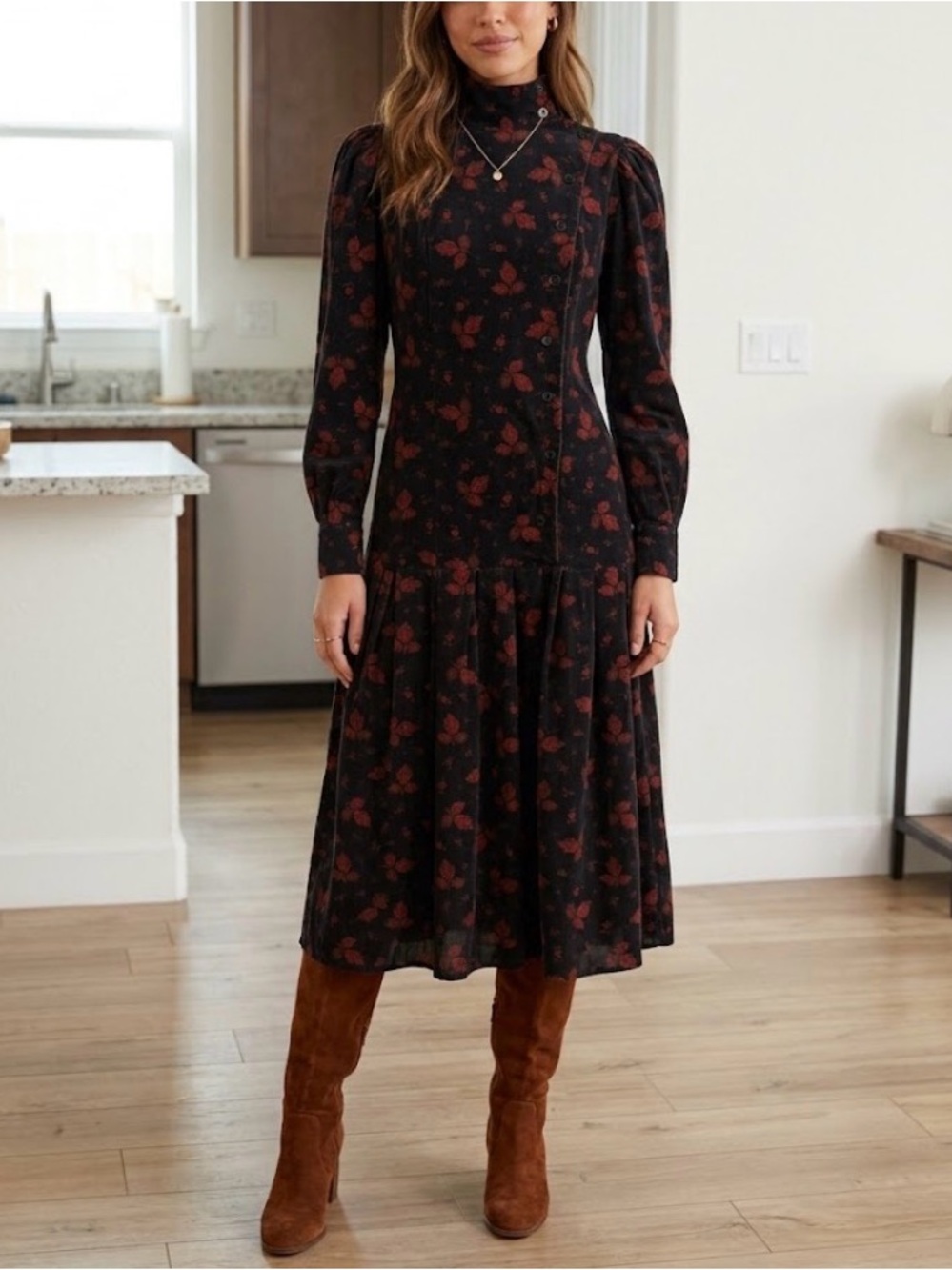 Vintage Laura Ashley Velvet Floral Mock-Neck Long Sleeve Midi Dress size 6